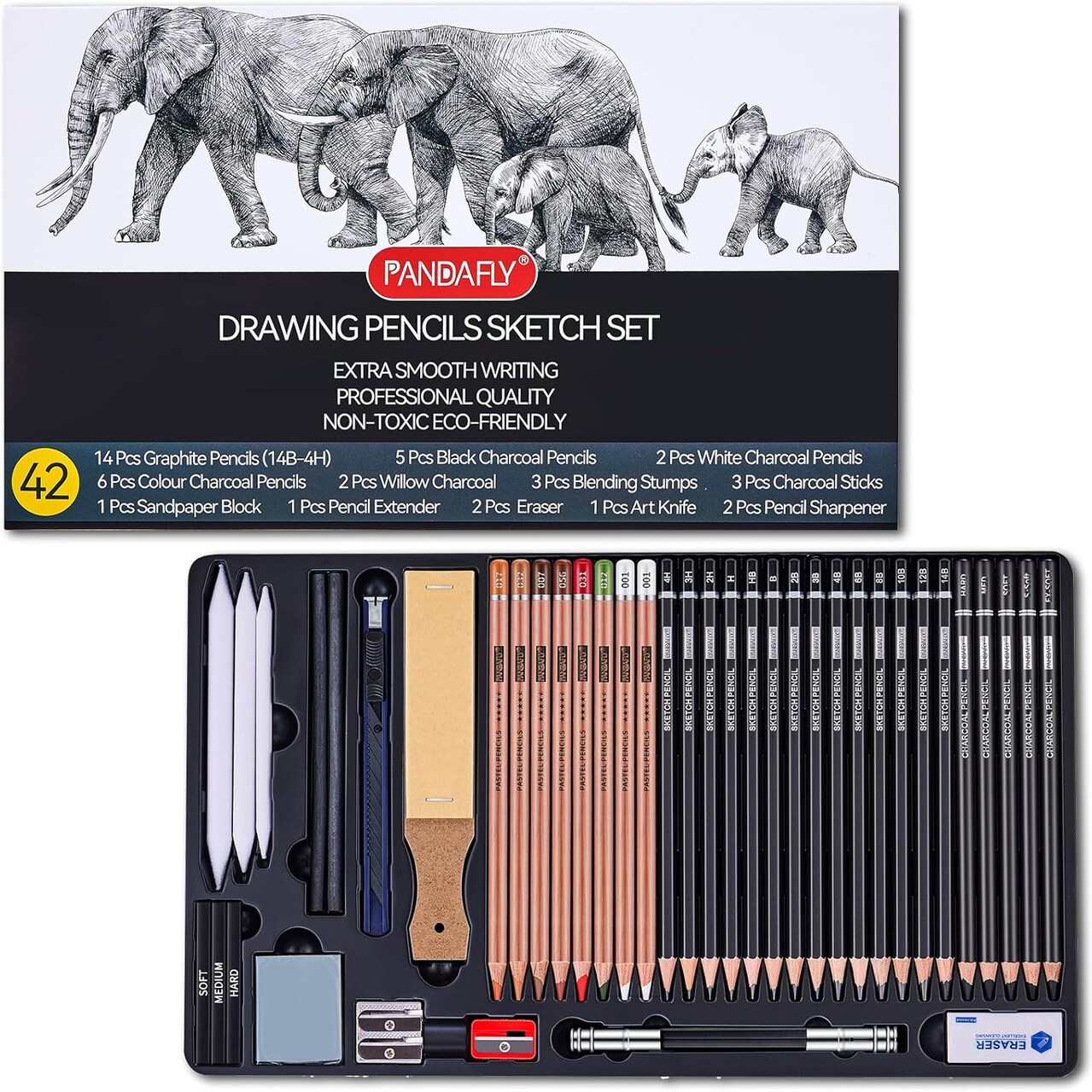 Drawing Sketching Pencil Set, 42 Pack Pro Art Pencil Kit with Graphite Pencils (14B-4H), Charcoal Pencil, Ideal for Shading, Blending, Drawing Set for Beginners & Pro Artists